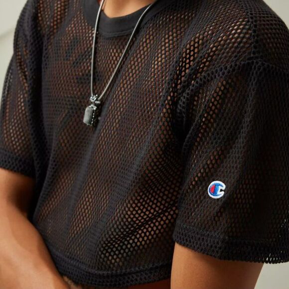 Champion x Urban Outfitters Mesh Crop Shimmel Tee Large Black NWT Exclusive - Picture 5 of 7